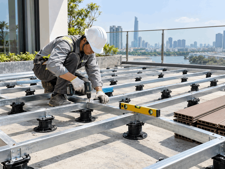 Lắp khung xương sàn gỗ nhựa ngoài trời